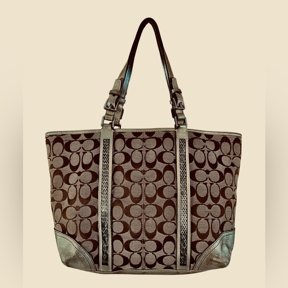 Y2K Large Coach Gallery Collection Beaded Tote Bag in Khaki and Metallic Gold